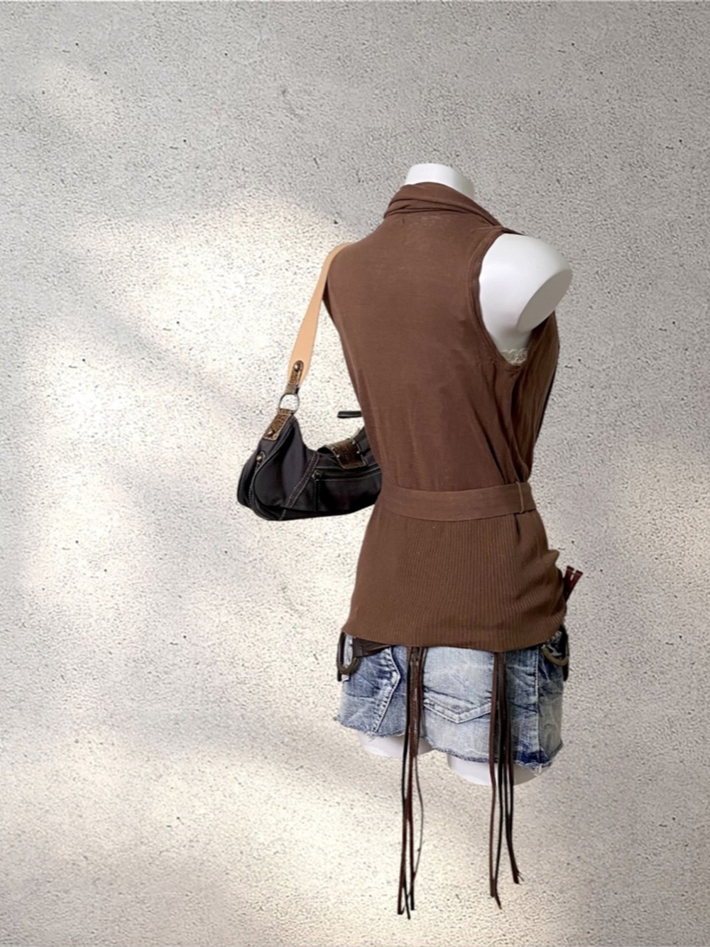 Kensie Sleeveless Brown Cardigan w/ Tie Waist & Shawl Collar - Picture 5 of 8
